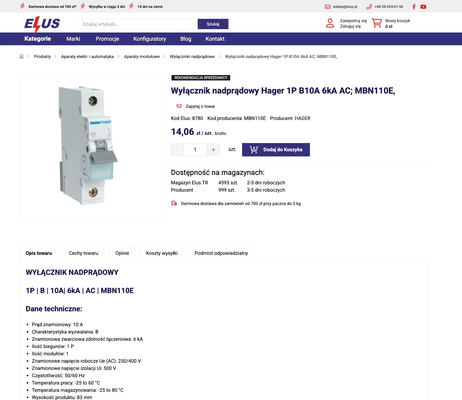 Karta produktu w sklepie ELUS - wyłącznik nadprądowy Hager, dostępność magazynowa i cena