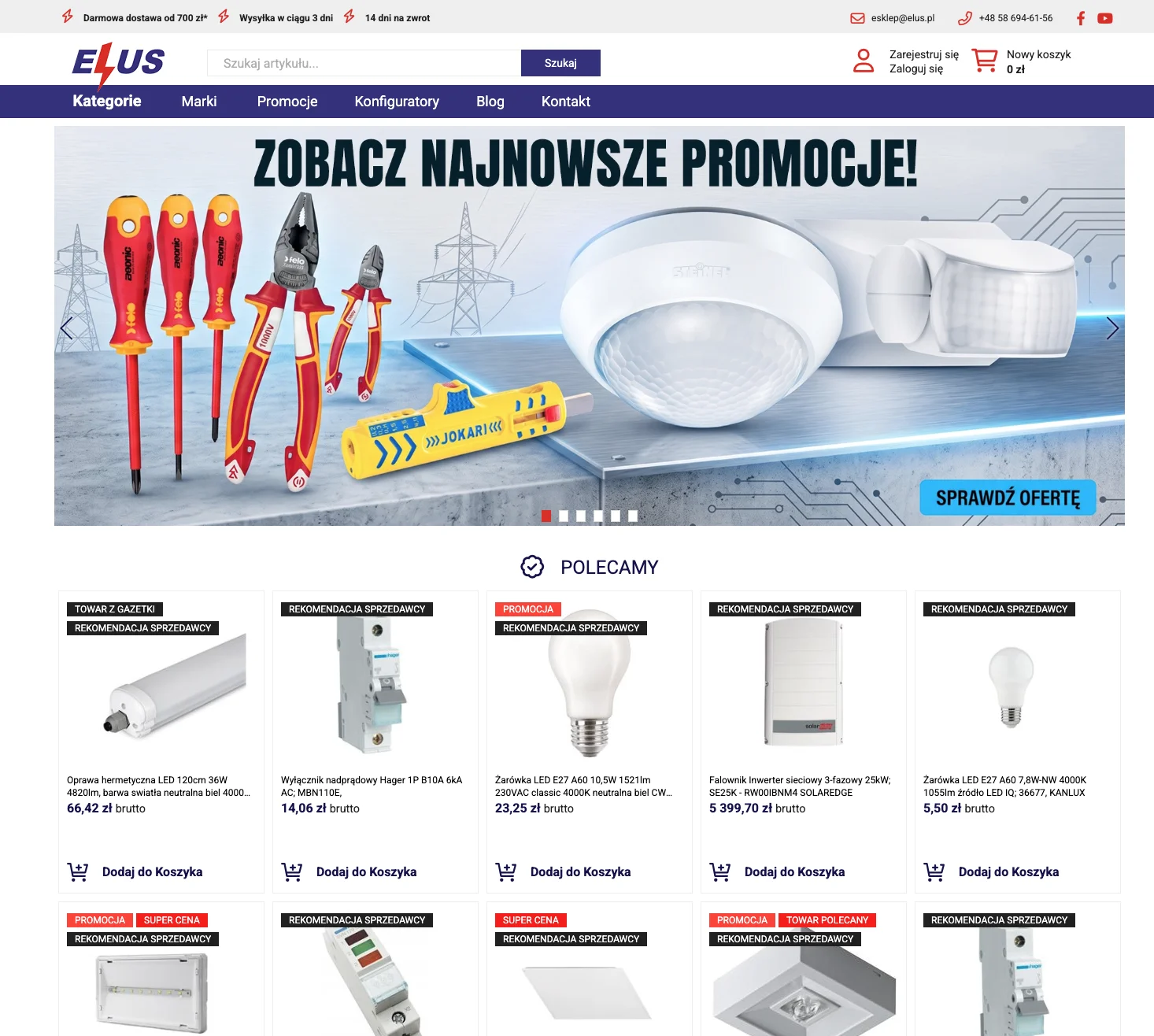 Sklep internetowy ELUS (sklep.elus.pl) - strona główna z promocjami i polecanymi produktami